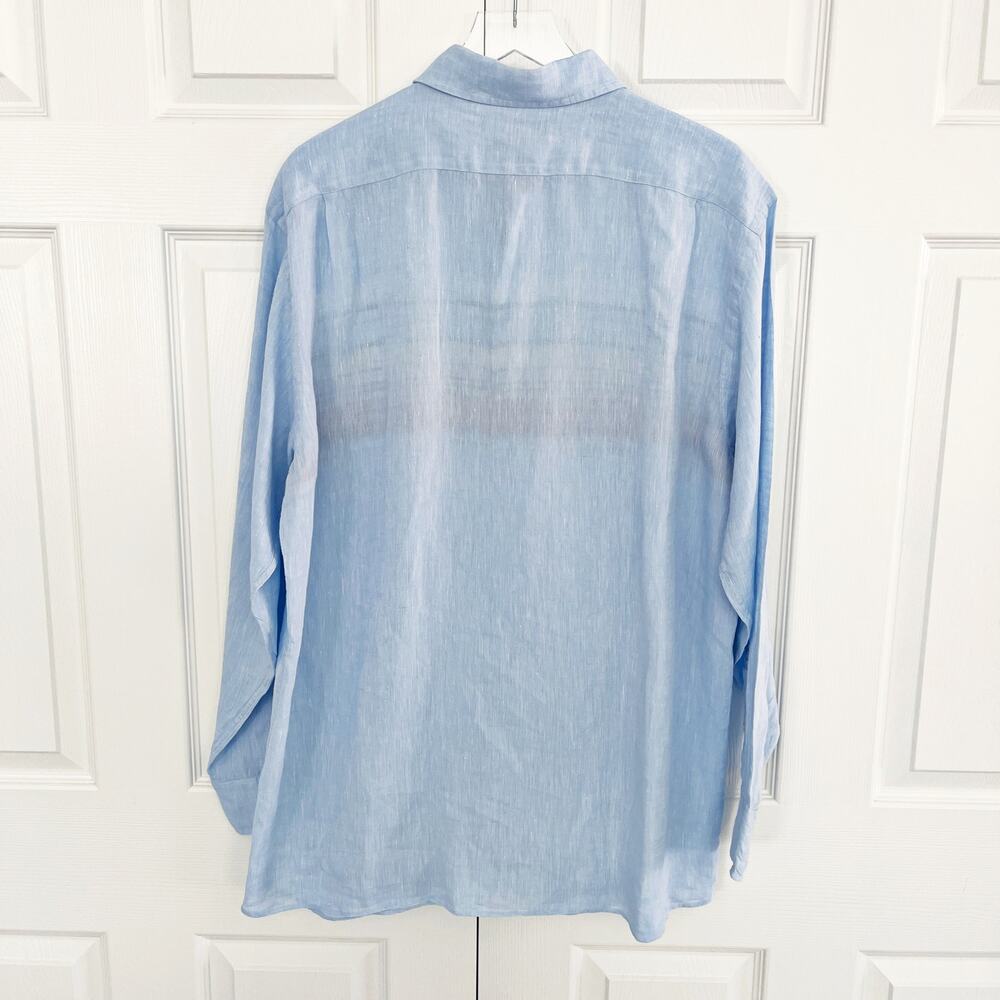 Cremieux Linen Striped Blue Long Button Up Sleeve Shirt - Picture 7 of 7